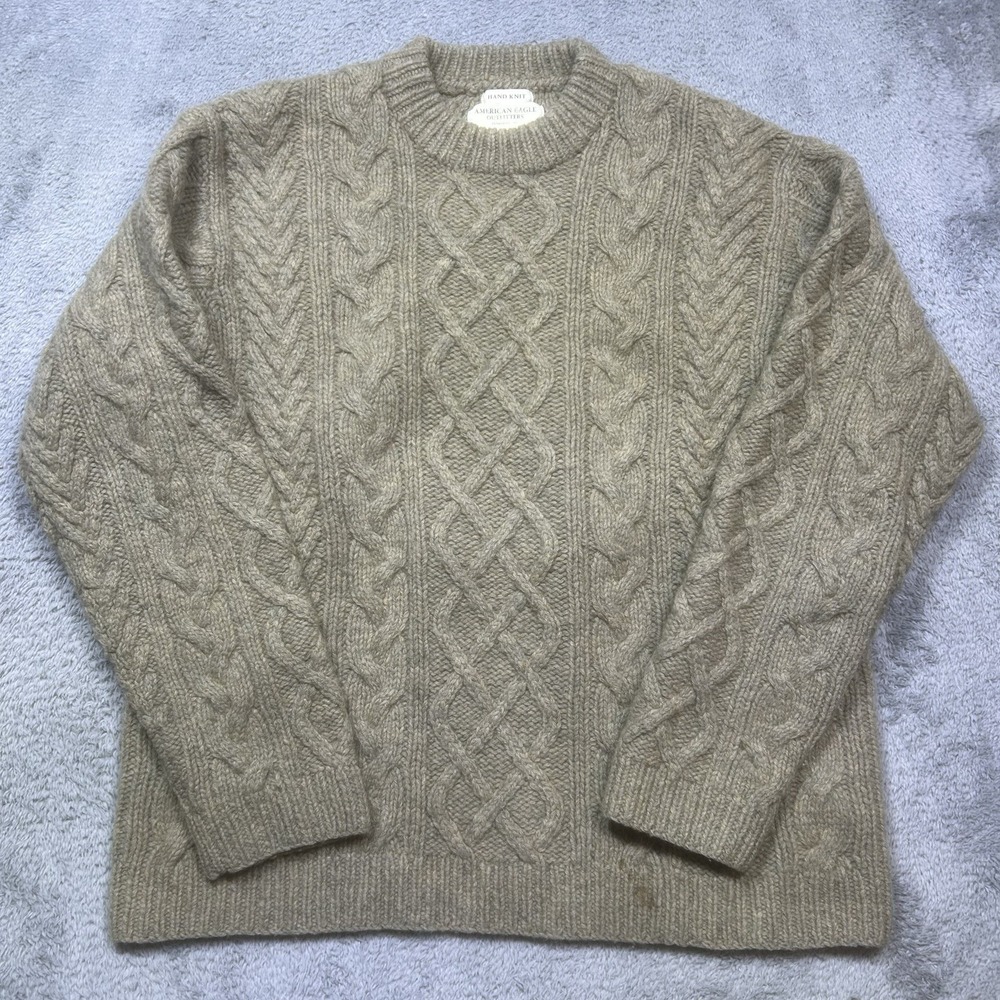 Vintage American Eagle Sweater Men's L Brown Cable Knit Hand Knit Wool Fisherman